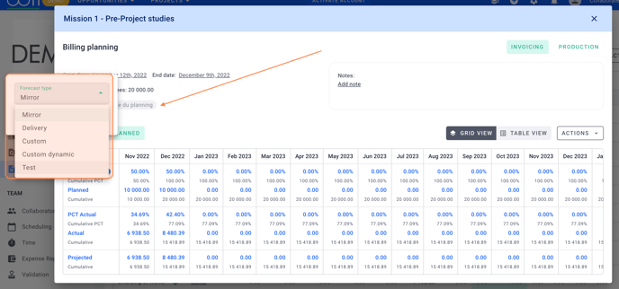 screen billing scheduling rule change forecast type