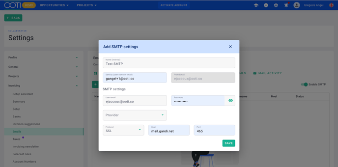 screen setting up SMTP for gandi email template settings