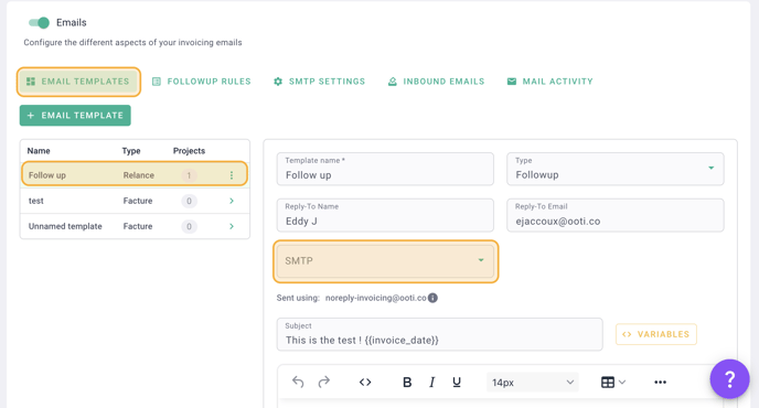 screen setting up SMTP for gandi email template settings