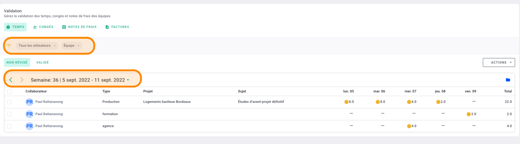 capture validation temps filtres