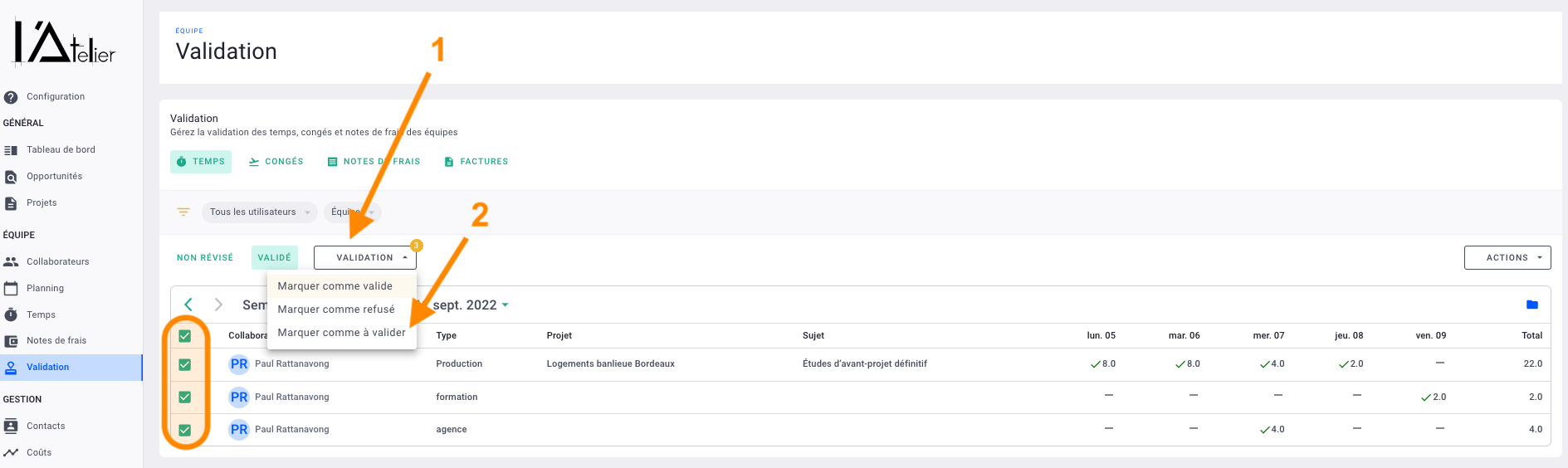 capture validation temps marquer comme à valider