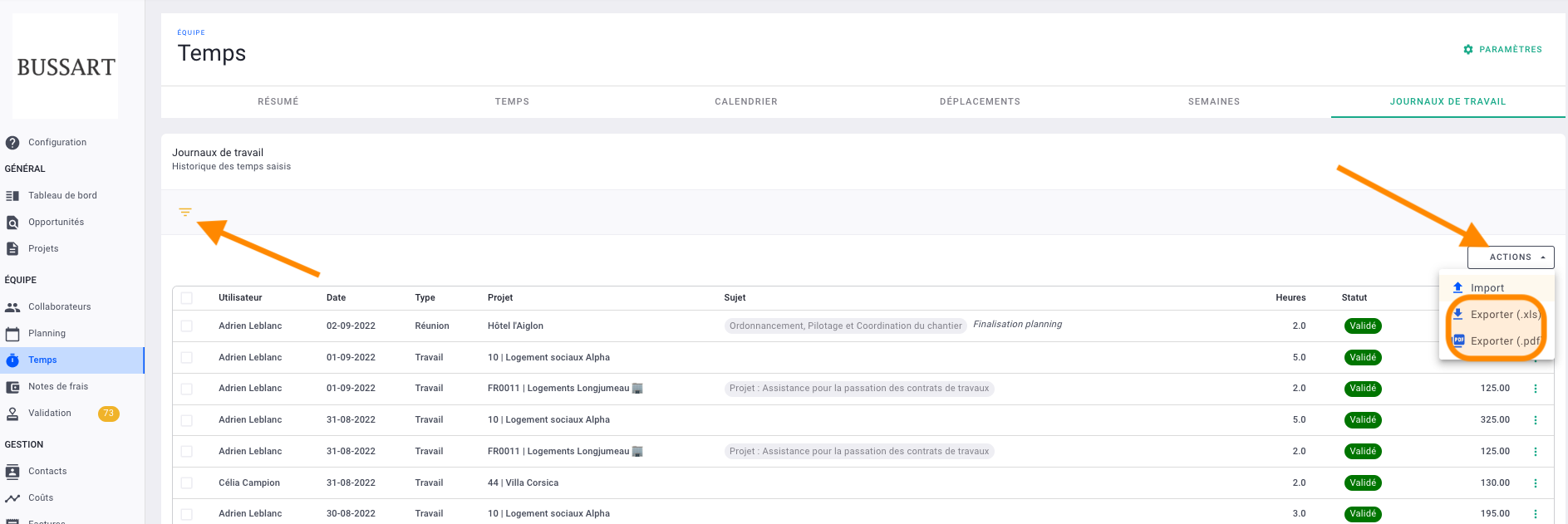 capture exporter journaux de travail