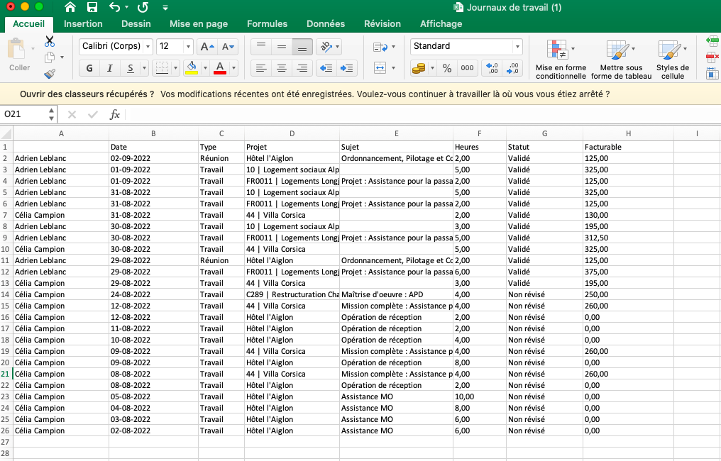 capture journaux de travail export