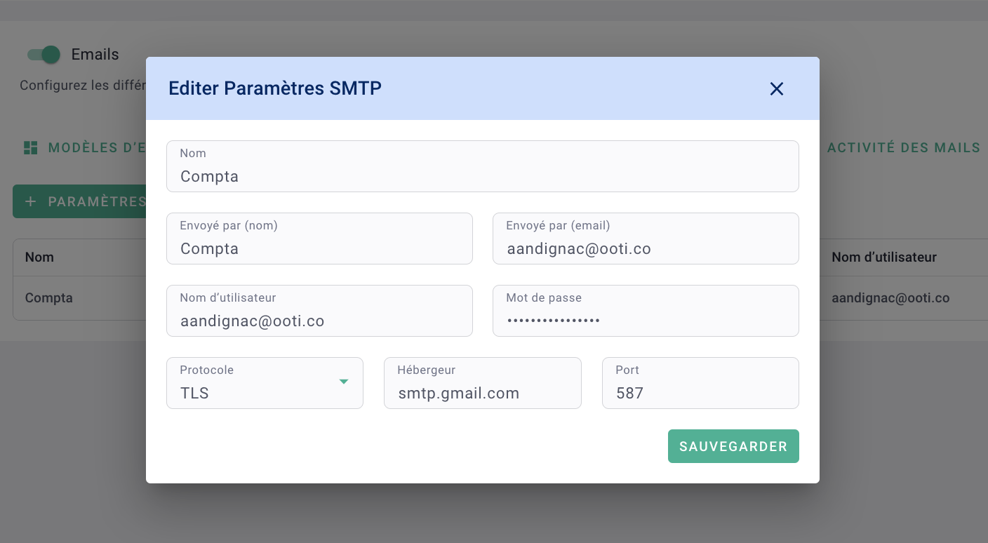 screen setting up SMTP Gmail smtp settings