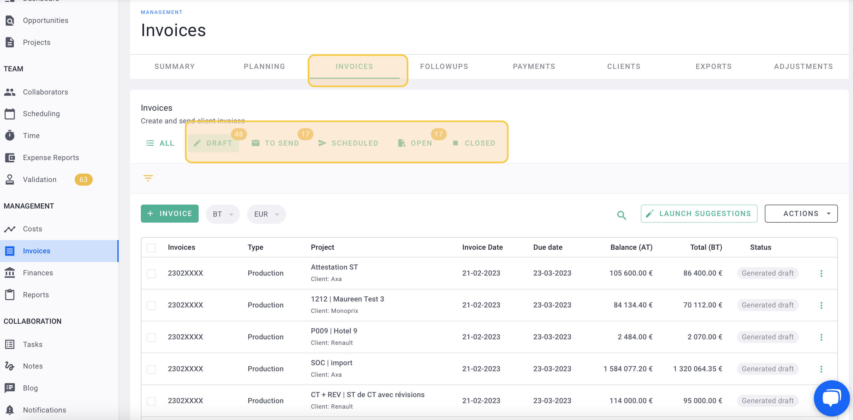 screen invoicing process on OOTI invoice tab to manage invoices