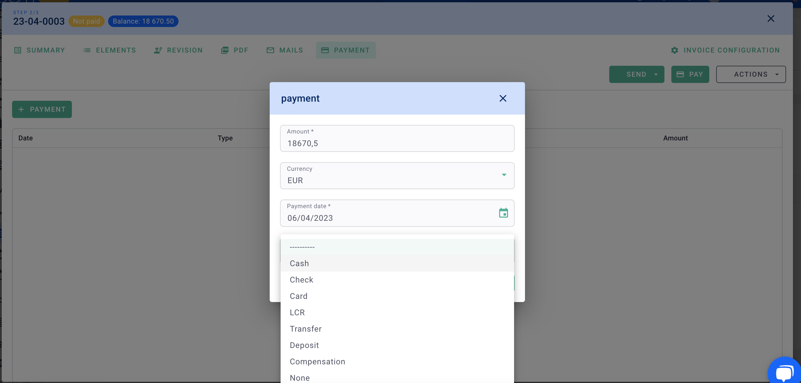 screen payment methods on OOTI payment amount choose method