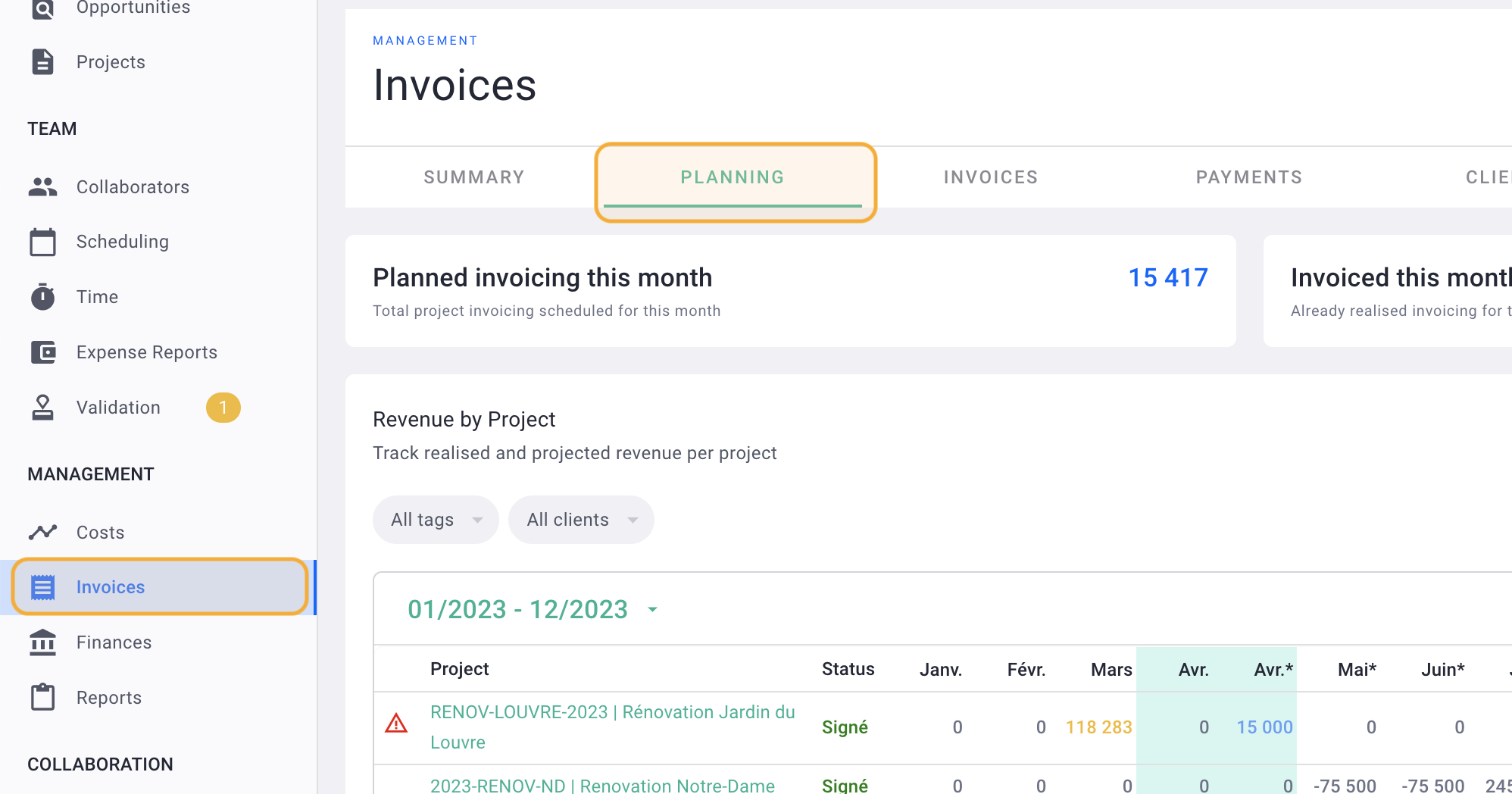 screen global follow-up invoicing